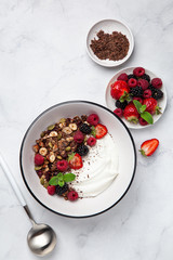Chocolate  granola with yogurt and fresh berry in white  bowl