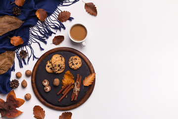 Cup of coffee, woman blue scarf and biscuits on white