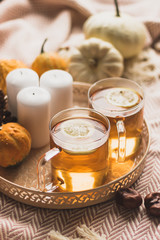 autumn cosy pumpkin, candles and autumn plants on window with led lights bokeh