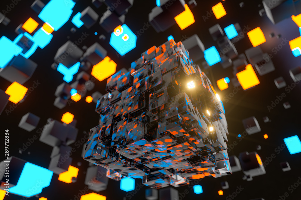 Aufkleber dark cubes randomly distributed in the air, 3d rendering.
