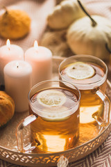 autumn cosy pumpkin, candles and autumn plants on window with led lights bokeh