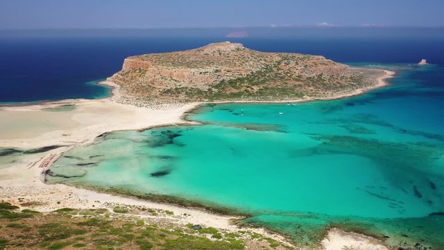 Aerial view on Tigani cape and Balos lagoon with sandy sea beach. Crete, Greece.