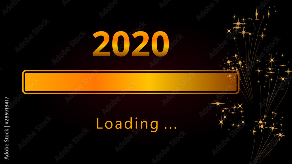 Wall mural 2020 happy new year shiny golden loading progress bar with fireworks and sparkles isolated on black 