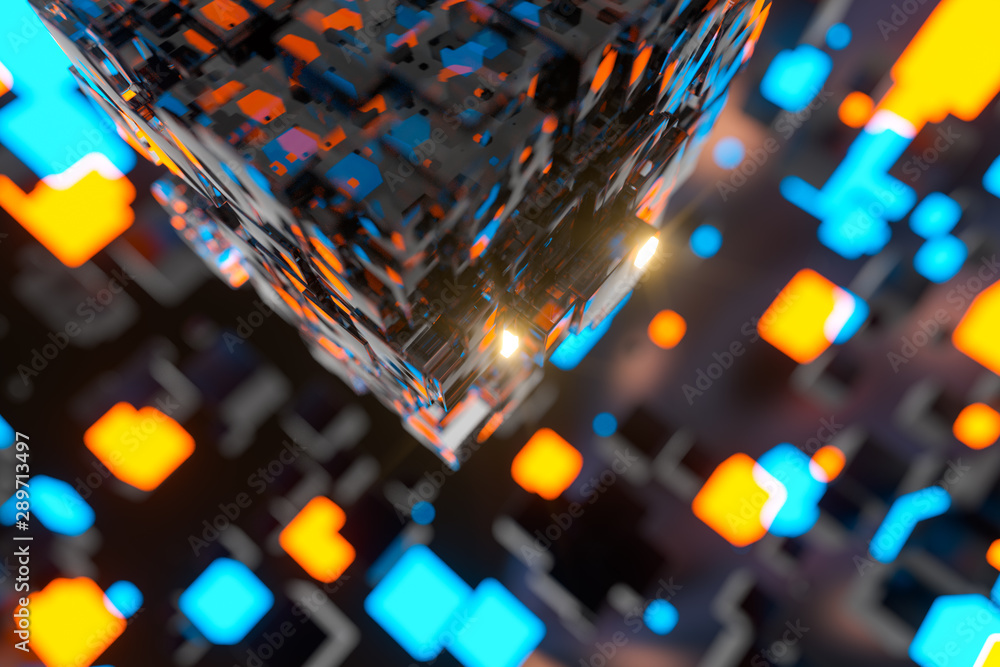 Aufkleber dark cubes randomly distributed in the air, 3d rendering.