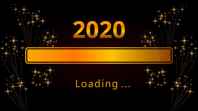 2020 Happy New Year eve bright golden loading progress bar with fireworks isolated on black background. Holiday web banner, poster, greeting card or invitation, end of year template. Copy space.
