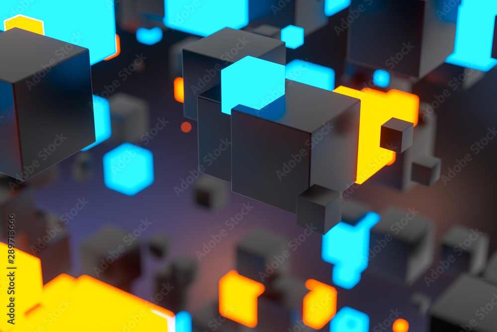 Aufkleber dark cubes randomly distributed in the air, 3d rendering.
