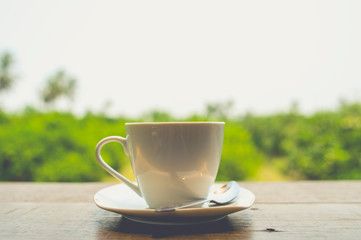 Hot coffee on blur fresh garden background