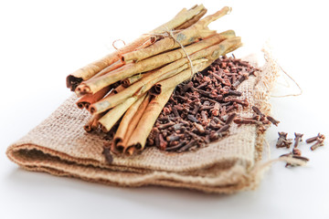 cloves and cinnamon on burlap sacks isolated white