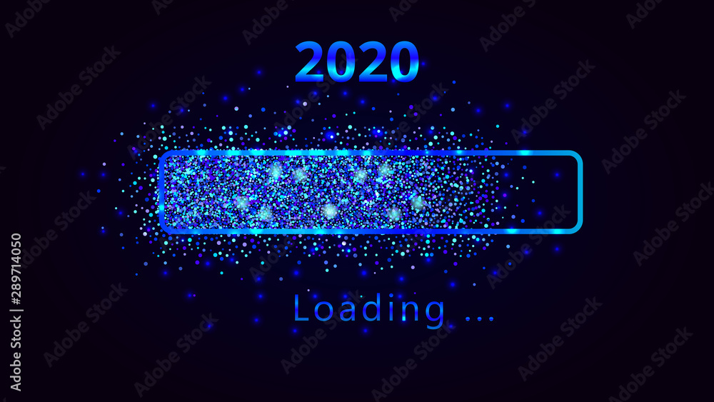 Wall mural new year 2020 numbers with magic loading progress bar, blue glitter and sparkles. template design fo