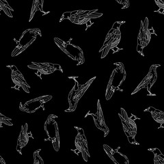 Vector Black Crows Ravens Birds on Black Background Seamless Repeat Pattern
