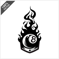 Billiard 8 ball flame badge logo vector