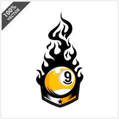 Billiard 9 ball flame badge logo vector
