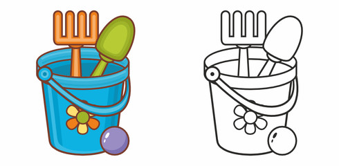 Bucket toy, scoop, spatula, rake - Children's toy. Toys for kids in the sandbox. Design elements set.  Black and color vector illustration for coloring book. Outline silhouette line.