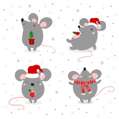 Set of cartoon cute rats, symbol of 2020 year. Chinese New Year. Vector illustration.