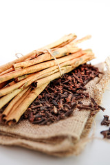 cloves and cinnamon on burlap sacks isolated white