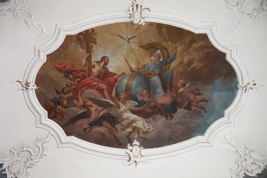 Holy Trinity Fresco Painting In Sanctuary Of St. Agatha In Schmerlenbach, Germany