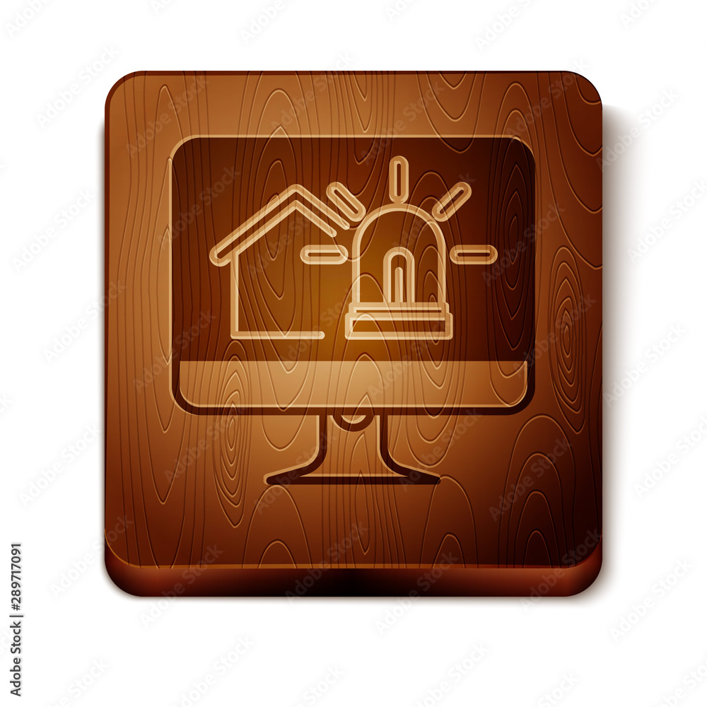 Poster brown computer monitor with smart house and alarm icon isolated on white background. security system