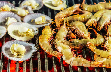 prawn or tiger shrimp cooking grill