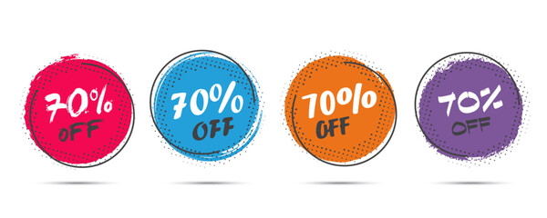 Set of grunge sticker with 70 percent off in a flat design with halftone. For sale, promotion, advertising
