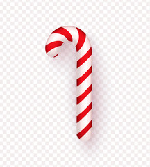 Christmas realistic candy cane isolated on transparent background. Vector illustration. Top view on icon. Element for design of greeting card, banner, poster, advertising brochure and other.