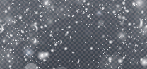 Falling shiny snow on a transparent background.Vector illustration.Snowfall, isolated white snow flakes