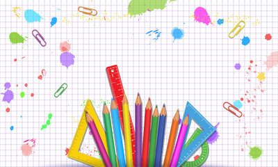 Back to school poster or banner design with realistic colorful school supplies isolated on abstract white background with grid pattern and paint splashes. Measure ruler, protractors, pencils