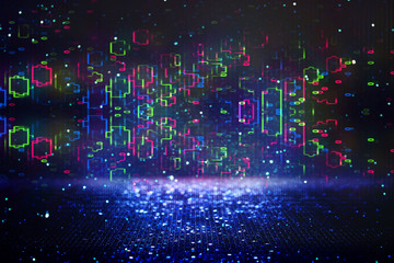 Futuristic background of the 80s retro style. Digital or Cyber Surface. neon lights and geometric...