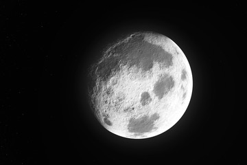 Moon phase realistic illustration on black background. Detailed moon surface with craters in the space