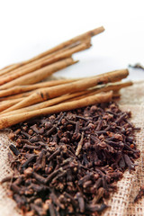 cloves and cinnamon on burlap sacks isolated white