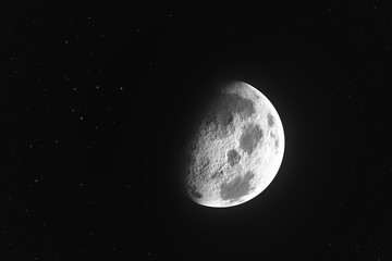 Moon phase realistic illustration on black background. Detailed moon surface with craters in the space