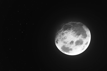 Moon phase realistic illustration on black background. Detailed moon surface with craters in the space