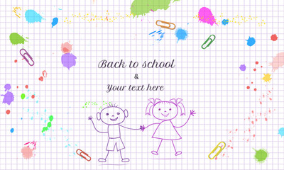 Creative Back to School banner template with hand drawn doodle boy and girl isolated on abstract background with grid paper pattern, colorful paint splashes, splatter and paper clips.