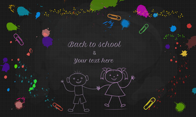 Fototapeta na wymiar Back to School text design with doodle boy and girl isolated on black chalkboard background with colorful paint splashes and splatter. Template for banner, poster, flyer, marketing, promotion