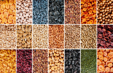 Collage of mix dried fruits and nuts, layout of different colors. Natural banner background close up