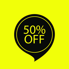 Special offer sale black tag. Discount offer price label, symbol for advertising campaign in retail, sale promo marketing, fifty percent off discount sticker. Vector illustration on yellow background