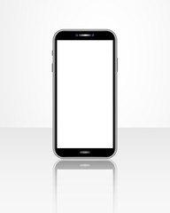 Realistic smartphone template with blank screen isolated on glossy table. Front view of mobile cellphone. Smart phone mock up design for banner, poster, advertising, promotion, mobile app, marketing