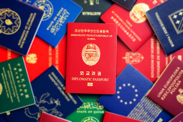 North Korea biometric red diplomatic passport on blurry colorful background of passports of different countries of the world.