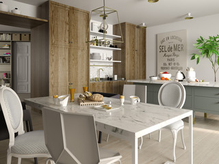 Interior of modern dining room 3D rendering