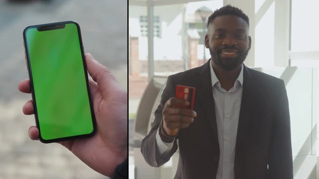 Footage animation, logo, final shot. Multiscreen footage, left part - hand man use phone green vertical screen, right part - portrait african american man hold credit card smile. Slow motion