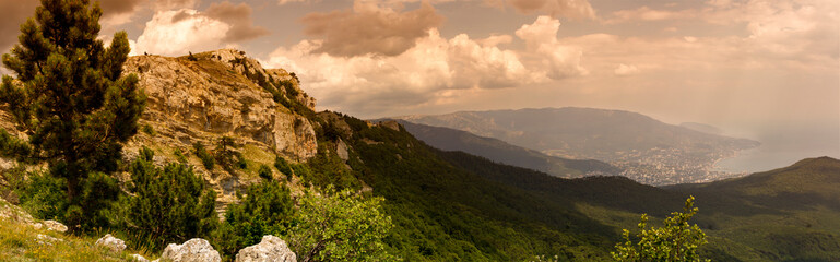 panoramic view of the Caucasus Mountains in summer day