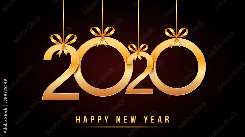 Wall mural 2020 happy new year text design with golden numbers with hanging golden numbers and ribbon bows isol