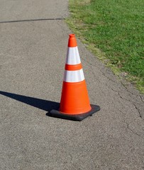 The orange traffic cone on the side of the road.