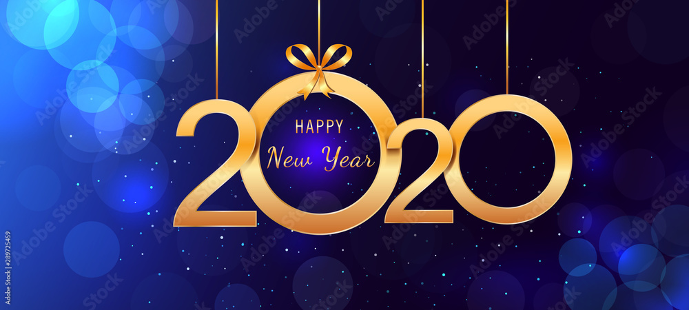 Wall mural 2020 happy new year hanging golden shiny numbers with ribbon bows on abstract blue background with l