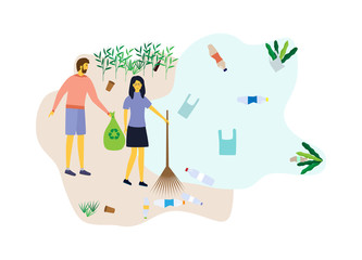 Volunteers pick up trash in the ocean. A man and a woman with a trash bag and a broom collect plastic bottles and other waste. The concept of clean beach and water. Vector flat illustration.