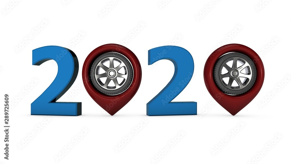 Poster 3d composition for new year calendars 2020 transport sports theme. 3d rendering of the 2020 symbol w
