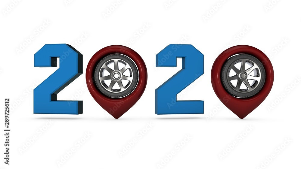 Poster 3d composition for new year calendars 2020 transport sports theme. 3d rendering of the 2020 symbol w