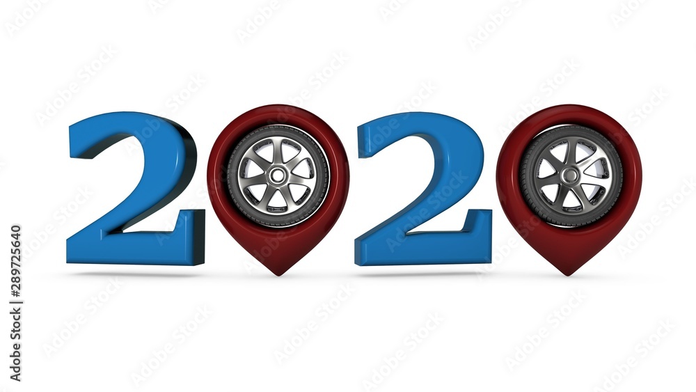 Poster 3d composition for new year calendars 2020 transport sports theme. 3d rendering of the 2020 symbol w