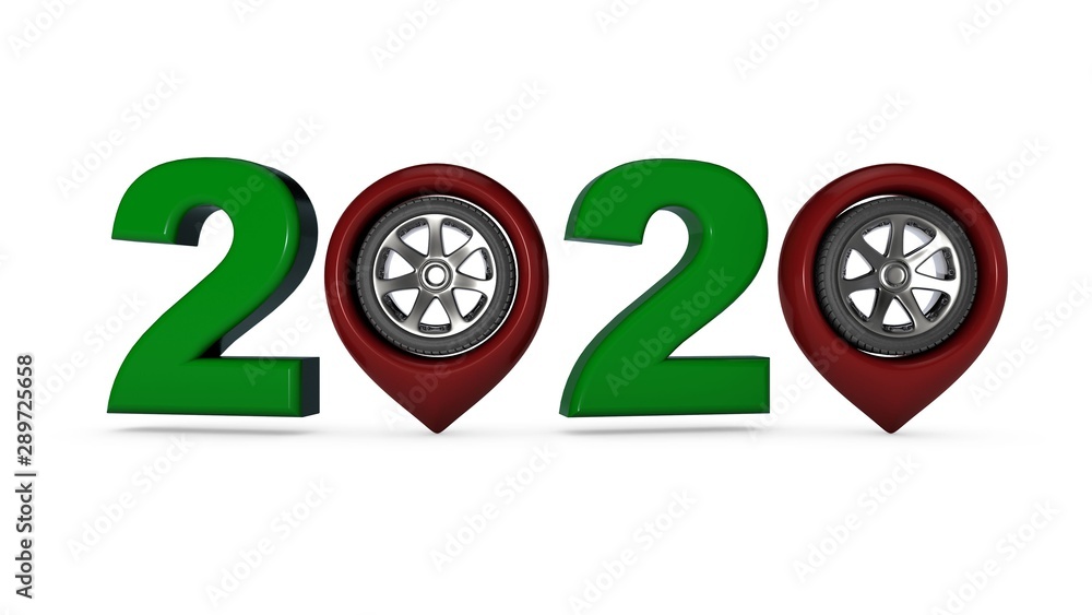 Poster 3d composition for new year calendars 2020 transport sports theme. 3d rendering of the 2020 symbol w