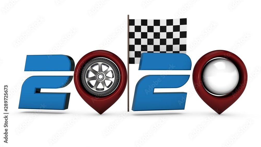 Poster 3d rendering of new year 2020 date with gps navigator pins and car wheels instead of zeros and finis