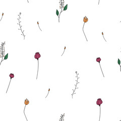 Vector seamless pattern with color ink flowers. Color ink flowers on white background